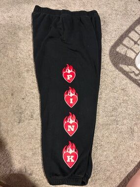 PINK Victoria's Secret Black Sweatpants with Red Flame Heart Logos
